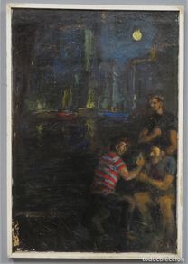 Art: VISTA NOCTURA DE PUERTO. MARINERO JUGANDO A LAS CARTAS. OLEO S/ LIENZO. ESCUELA VASCA